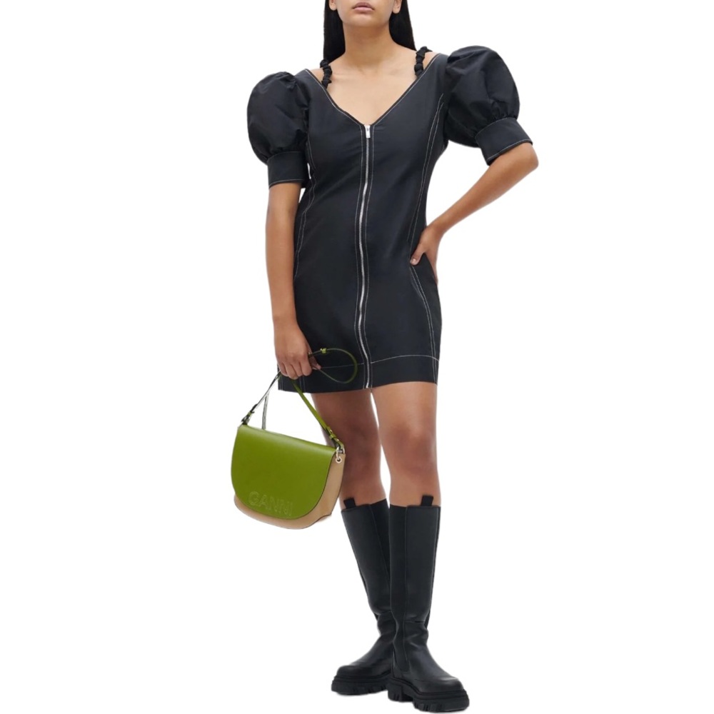 GANNI BLACK COLD SHOULDER PUFFED SLEEVE ZIPPERED FRONT V-NECK DRESS NWT